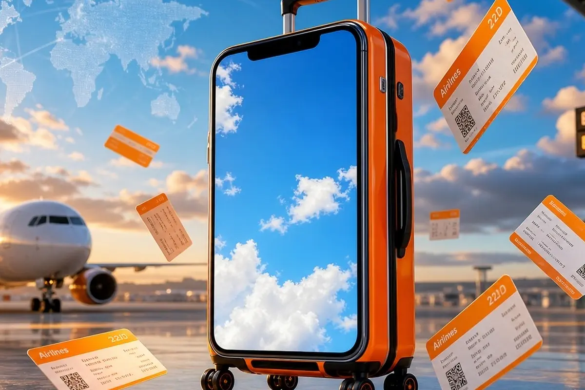 Maleta de cabina naranja rodeada de tarjetas de embarque en un aeropuerto