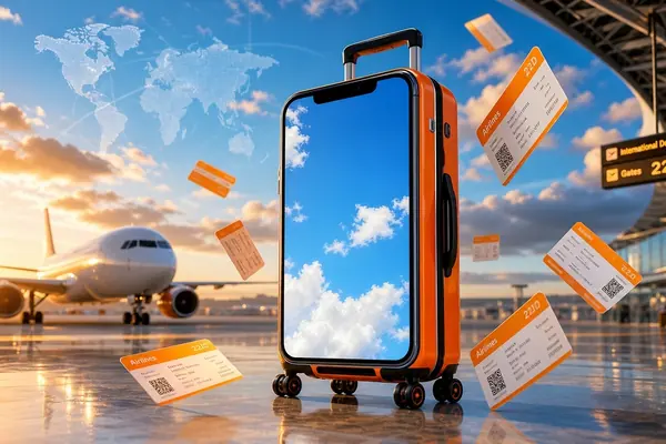 Maleta naranja rodeada de tarjetas de embarque junto a un avión